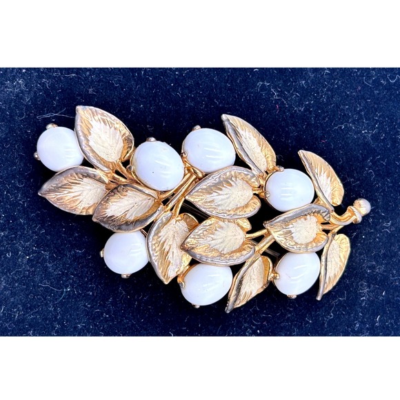 Schiaparelli Vintage Brooch and Earrings Signed Gold-Plated WHITE Cabochons RARE